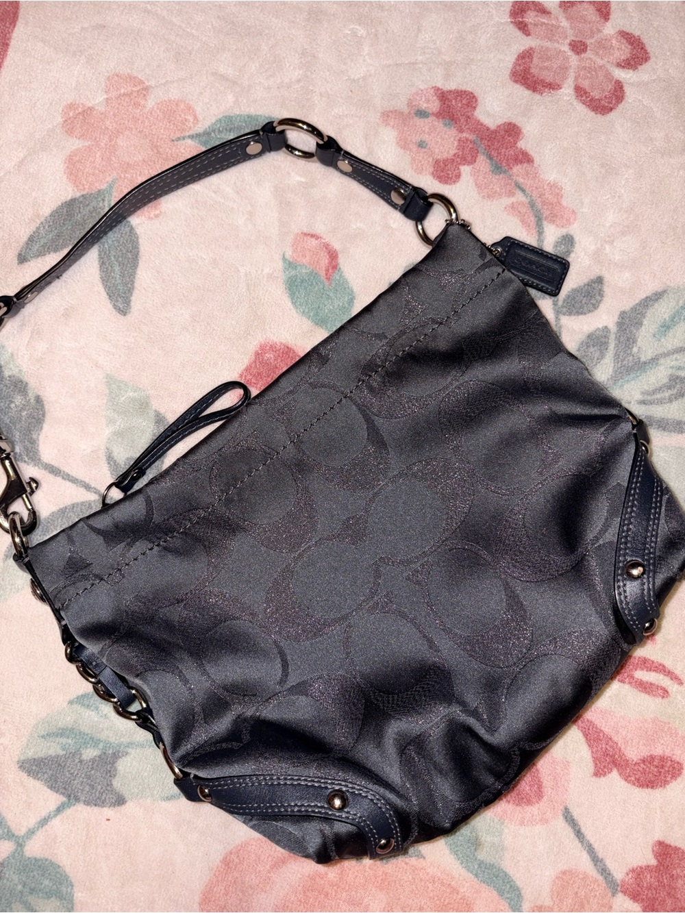 Coach Black Signature Jacquard Shoulder Bag with Leather Trim - Picture 2 of 8
